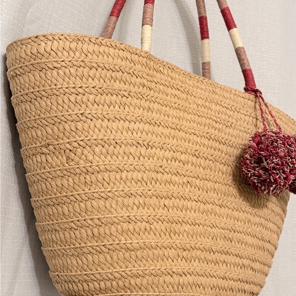 LOFT Woven Tan Tote with Red and Cream Pom Pom Accents - Picture 7 of 10